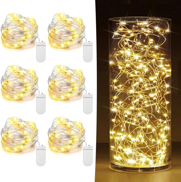 6 Pack Fairy Lights Battery Operated 7Ft 20 LED Mini String Lights Twinkle Lights Silver Wire Firefly Starry Lights for Mason Jars Wedding Party Christmas Centerpiece Table Decorations, Warm White