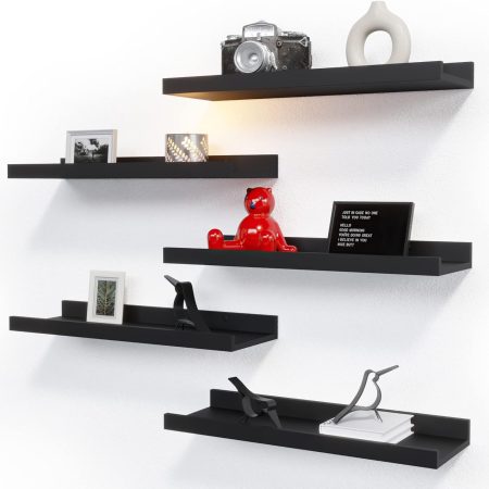 5 Set Floating Wall Mounted Shelves, Black Shelves for Wall Decor, Modern Picture Ledge Shelf with Lip for Storage, Nursery, Bedroom, Living Room, Bathroom - Black