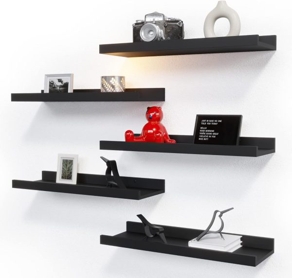 5 Set Floating Wall Mounted Shelves, Black Shelves for Wall Decor, Modern Picture Ledge Shelf with Lip for Storage, Nursery, Bedroom, Living Room, Bathroom - Black