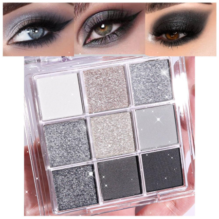 9 Colors Black Smokey Grey Gray Silver Glitter Shimmer Eye Shadow Makeup Palette Pigmented Black Matte Metallic Eyeshadow Makeup Palette Sombra Negra Para Ojos Para Ojos Brillantes