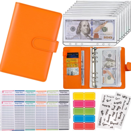 Budget Binder Cash Envelopes for Budgeting Money Organizer for Cash Money Envelopes for Cash Leather A6 Budget Binder with Zipper Envelopes (Orange)