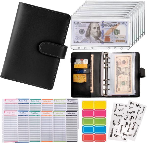 Budget Binder Cash Envelopes for Budgeting Money Organizer for Cash Money Envelopes for Cash Leather A6 Budget Binder with Zipper Envelopes (Blackblack)