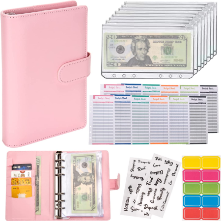 Budget Binder Cash Envelopes for Budgeting Money Organizer for Cash Money Envelopes for Cash Leather A6 Budget Binder with Zipper Envelopes (Pink)